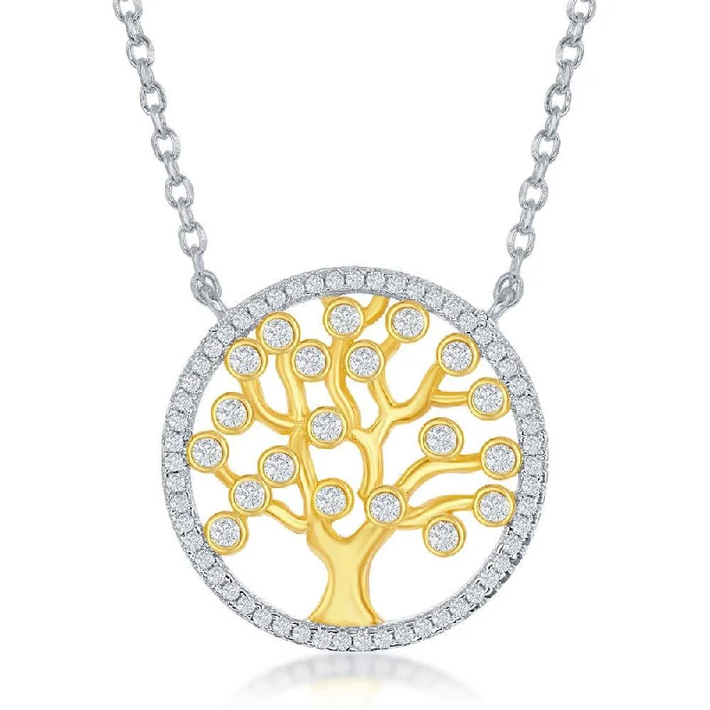 Ladies necklaces luxury brands-Sterling Silver Round CZ Tree Necklace - Gold Plated