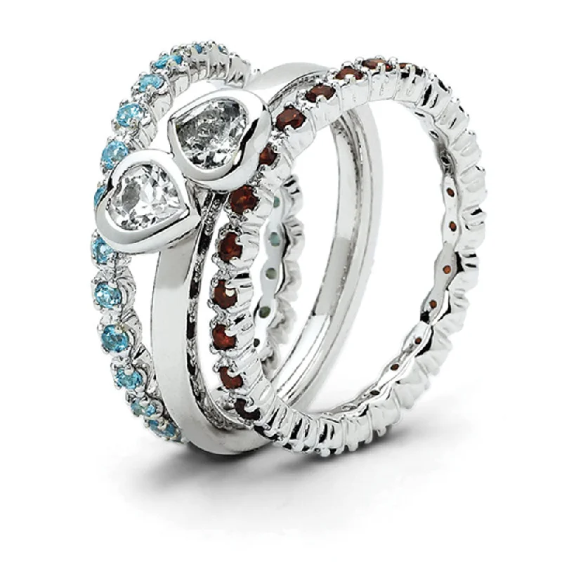 Ladies ring age suitability-Sterling Silver Stackable Genuine Gemstone Trio Heart Ring Set