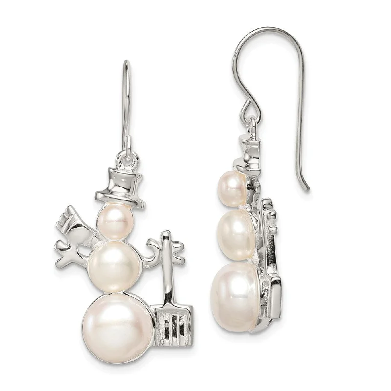 Ladies earrings diamond studs-Rhodium Plated Sterling Silver & FW Cultured Pearl Snowman Earrings