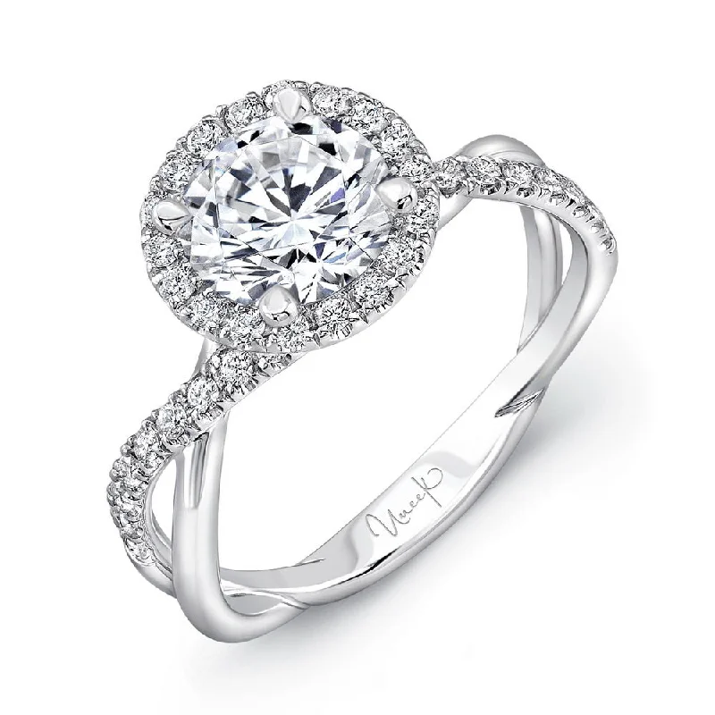 Ladies engagement rings couple designs-Uneek Round Diamond Halo Engagement Ring with Infinity-Style Crisscross Shank