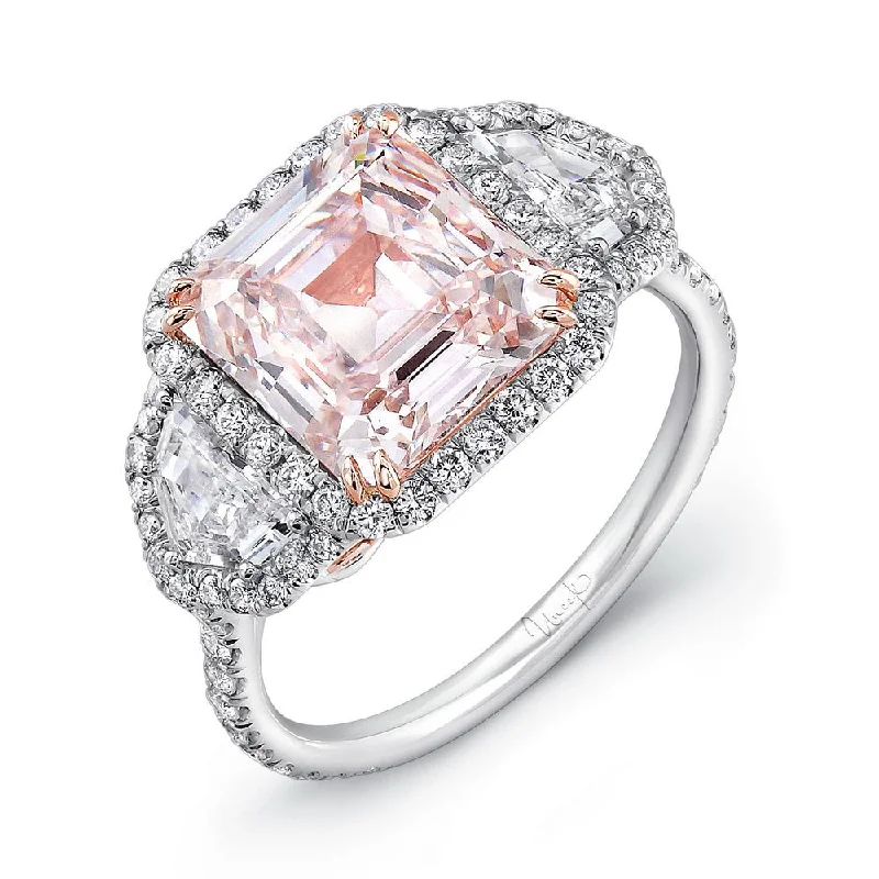 Ladies engagement rings bold statements-Uneek Emerald-Cut Fancy Light Pink-Center Three-Stone Engagement Ring with Filigree Accents