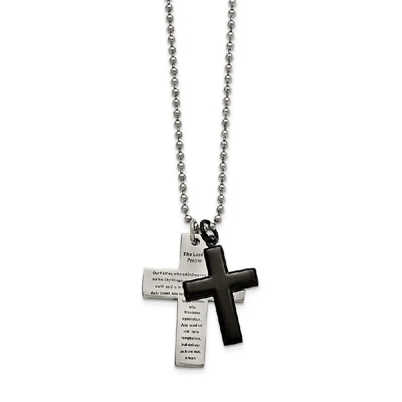 Ladies necklaces party wear-Stainless Steel Polished Black IP-plated Lord's Prayer Cross Necklace