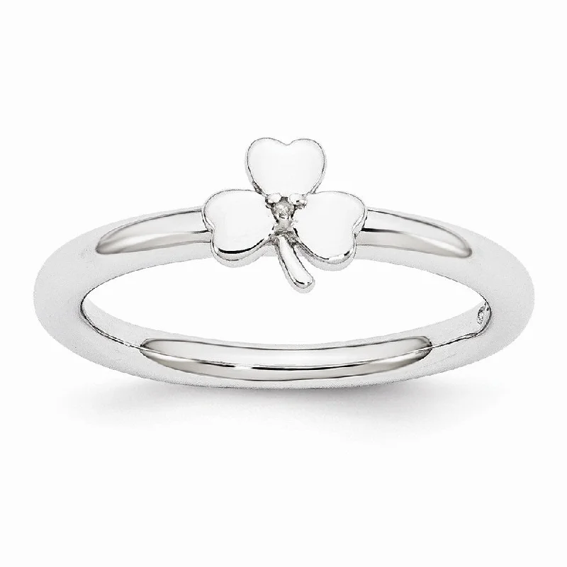 Ladies ring birthday presents-Rhodium Sterling Silver .005 Ctw  Diamond 6mm Clover Stackable Ring