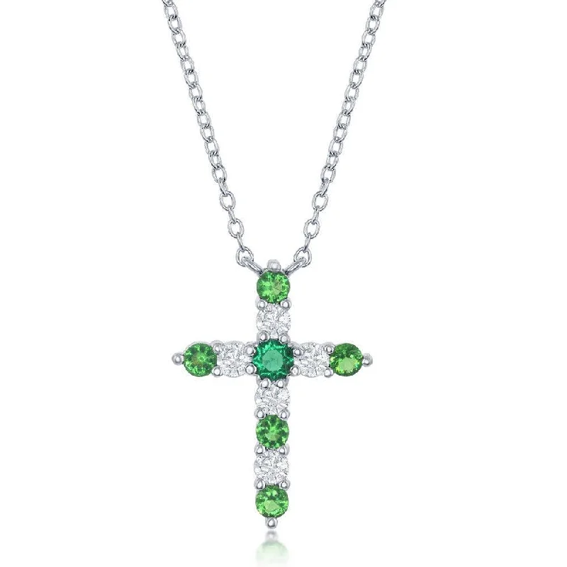 Ladies necklaces global brands-Sterling Silver Emerald CZ May Birthstone Cross Necklace