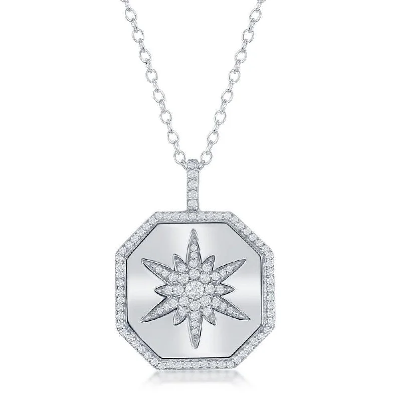 Ladies necklaces silver finish-Sterling Silver Hexagon with Center Starburst CZ Necklace