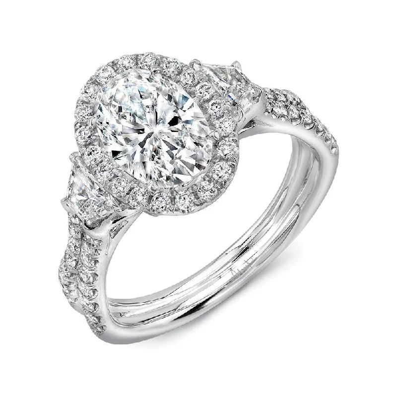 Ladies engagement rings romantic styles-Uneek Silhouette Collection 3-Stone-Halo Radiant Engagement Ring