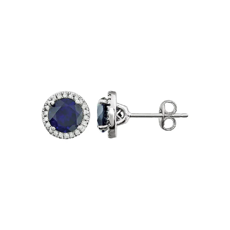 Ladies earrings elegant styles-8mm Halo Style Created Sapphire & Diamond Earrings in 14k White Gold