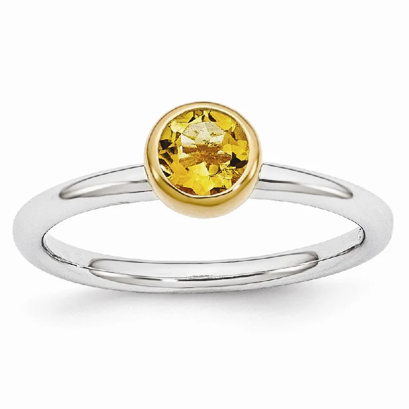 Ladies ring geometric patterns-Two Tone Sterling Silver Stackable 5mm Round Citrine Ring