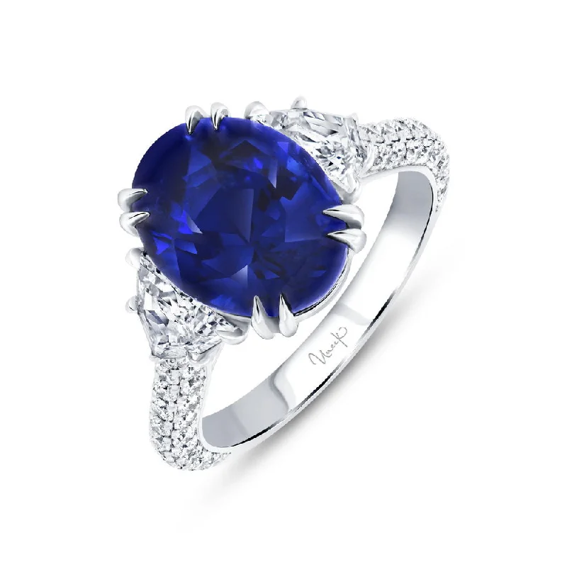 Ladies engagement rings floral motifs-Uneek Precious Collection Three-Stone Oval Shaped Blue Sapphire Engagement Ring