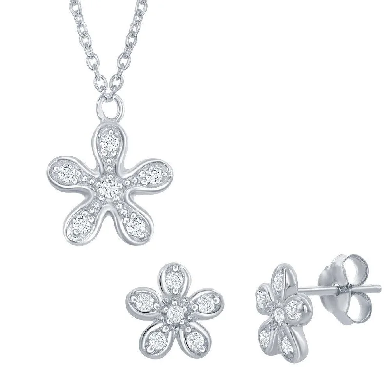 Ladies necklaces daily wear-Sterling Silver Cubic Zirconia Flower Necklace and Earrings Set