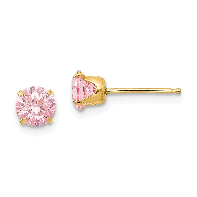 Ladies earrings geometric patterns-5mm Pink Cubic Zirconia Stud Earrings in 14k Yellow Gold