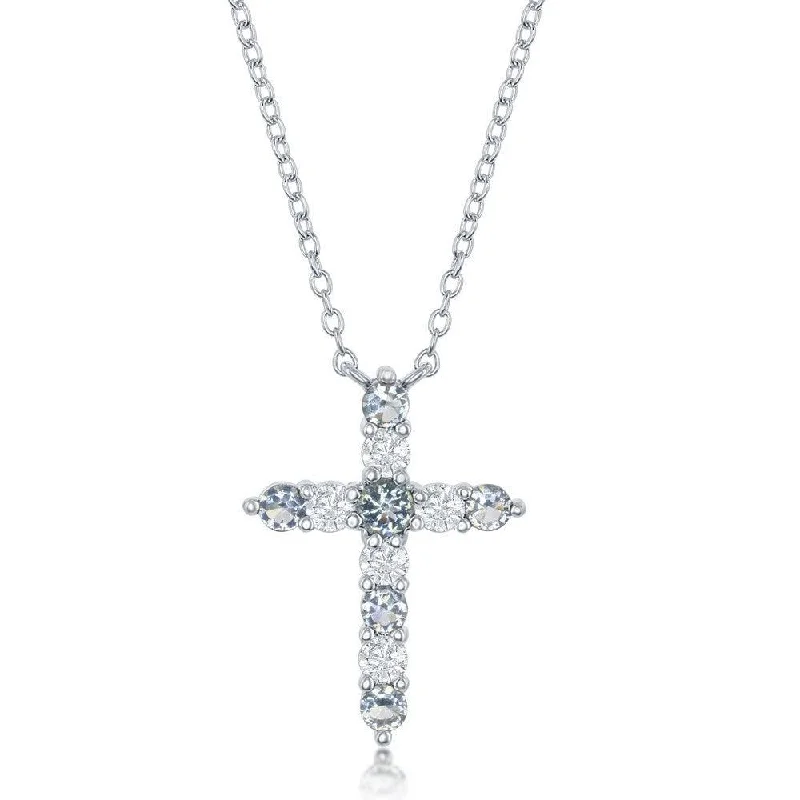 Ladies necklaces latest styles-Sterling Silver Aquamarine CZ March Birthstone Cross Necklace