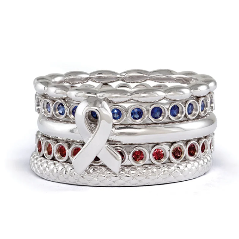 Ladies ring collectible items-Stackable Sterling Silver Awareness Ribbon & Gemstone Ring Set