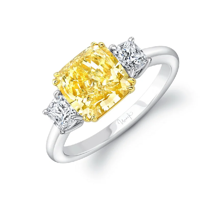 Ladies engagement rings ethical sourcing-Uneek Natureal Collection Three-Stone Cushion Cut Fancy Yellow Diamond Engagement Ring