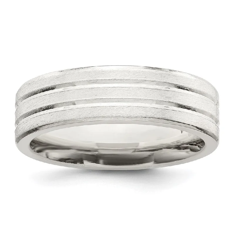 Ladies ring gold designs-6mm Sterling Silver Brushed Double Grooved Standard Fit Band