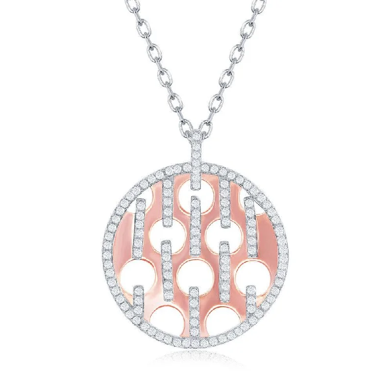 Ladies necklaces popular brands-Sterling Silver Shiny Disc with Circle and CZ Bars Necklace