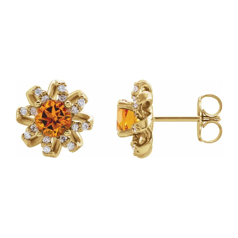 Ladies earrings stud styles-14K Yellow Gold, Citrine & 1/6 CTW Diamond 11mm Halo Post Earrings