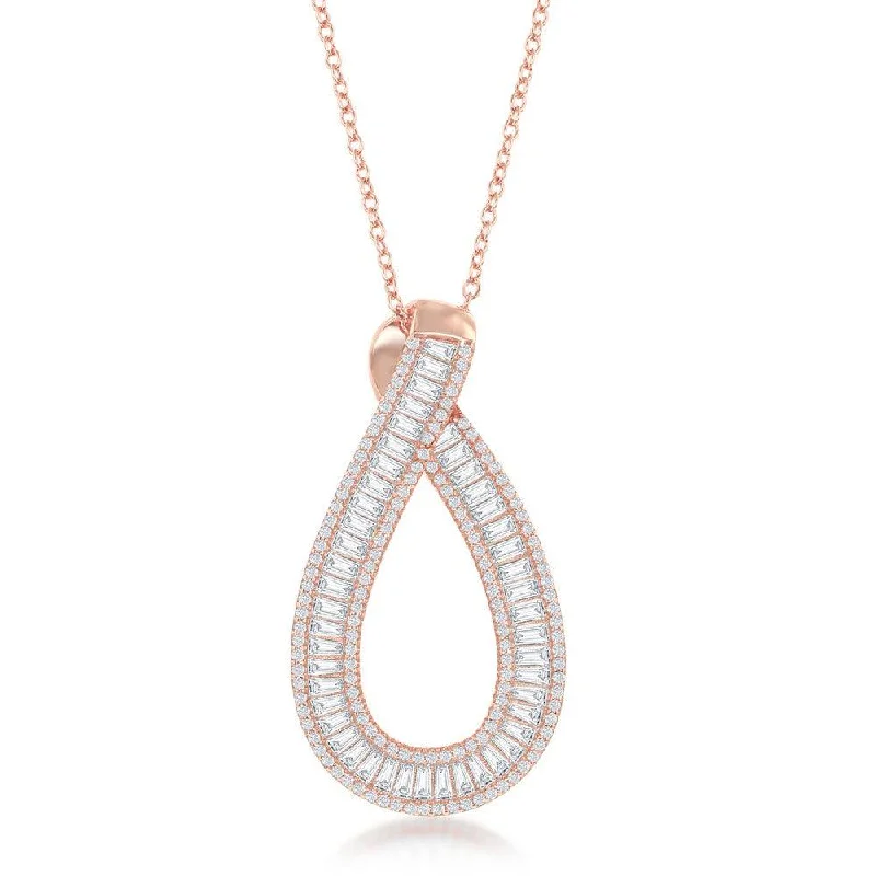 Ladies necklaces lightweight feel-Sterling Silver Rose GP White Baguette CZ Pear Shaped Necklace