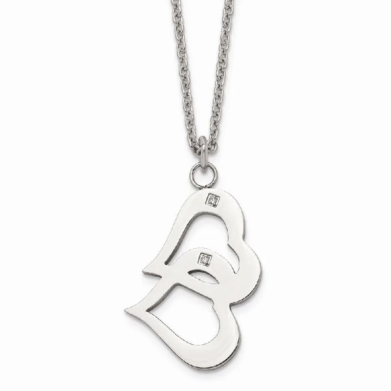 Ladies necklaces heart pendants-Stainless Steel Polished Hearts and CZs w/2in ext Necklace