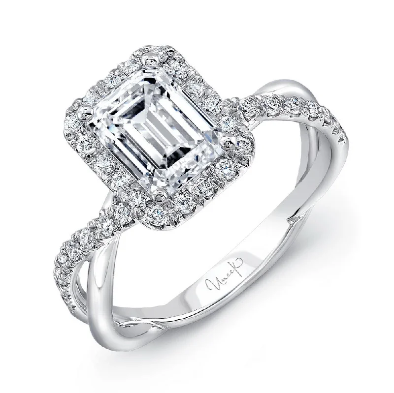 Ladies engagement rings sentimental value-Uneek Emerald-Cut Diamond Halo Engagement Ring with Infinity-Style Crisscross Shank