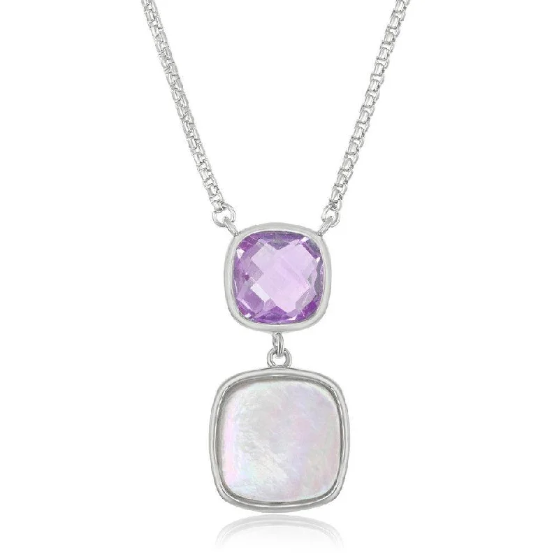 Ladies necklaces vintage charm-Sterling Silver Double Square Amethyst and Mother of Pearl Necklace