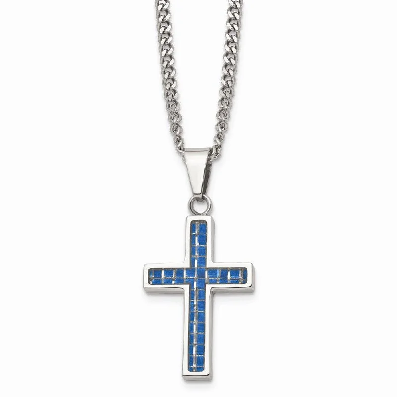 Ladies necklaces mature appeal-Stainless Steel Blue Carbon Fiber Inlay Polished Small Cross Necklace