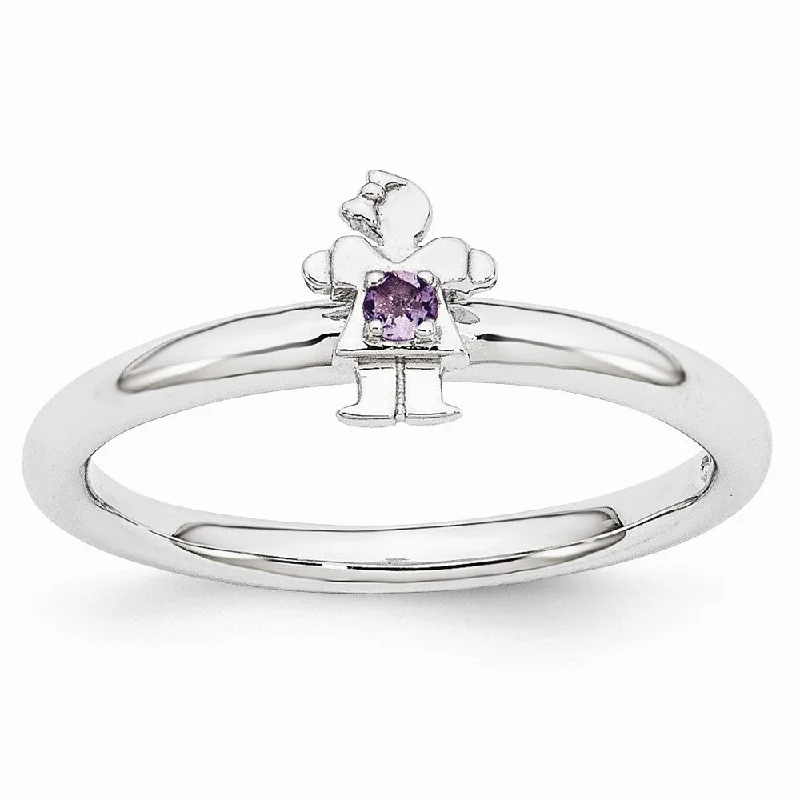 Ladies ring anniversary picks-Rhodium Plated Sterling Silver Stackable Amethyst 7mm Girl Ring