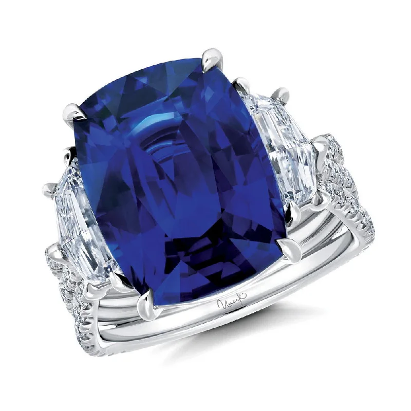 Ladies engagement rings anniversary upgrades-Uneek Precious Collection Three-Stone Cushion Cut Blue Sapphire Engagement Ring