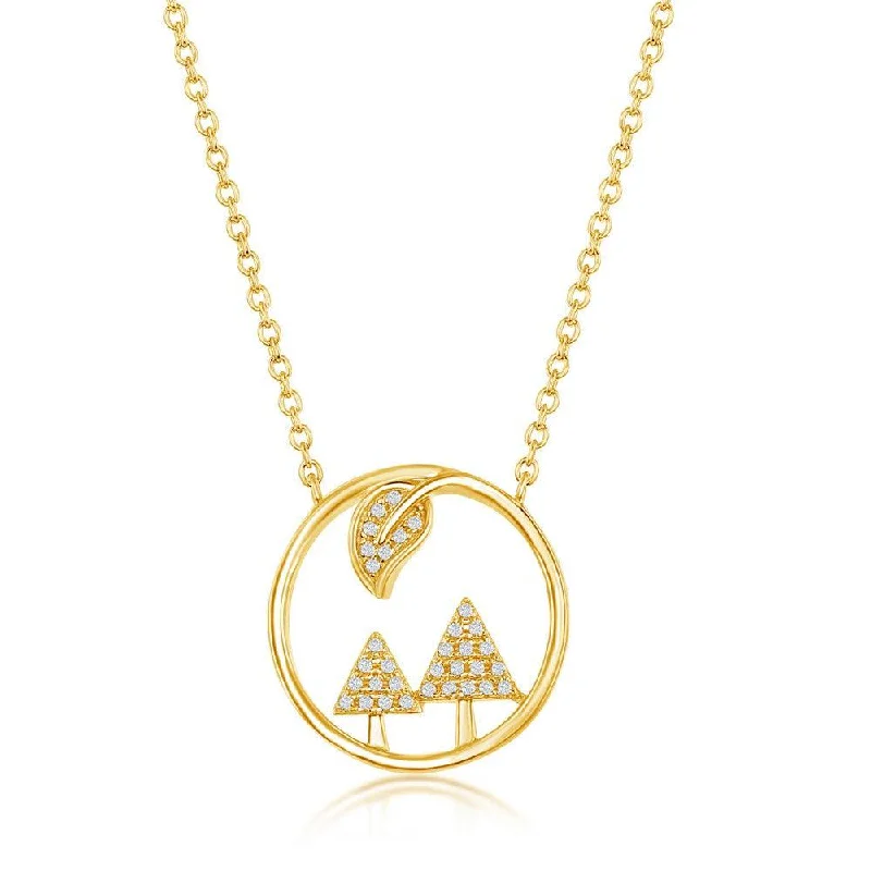 Ladies necklaces buying tips-Sterling Silver Gold Plated CZ Trees and Leaf Round Necklace