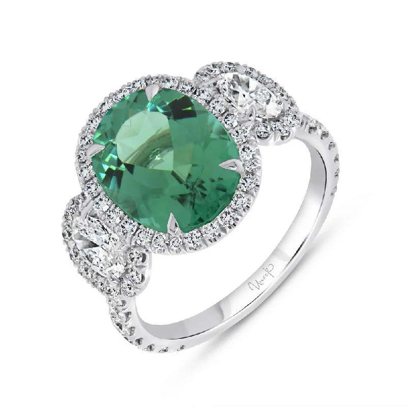 Ladies engagement rings luxury brands-Uneek Precious Collection Three-Stone Oval Shaped Green Tourmaline Engagement Ring