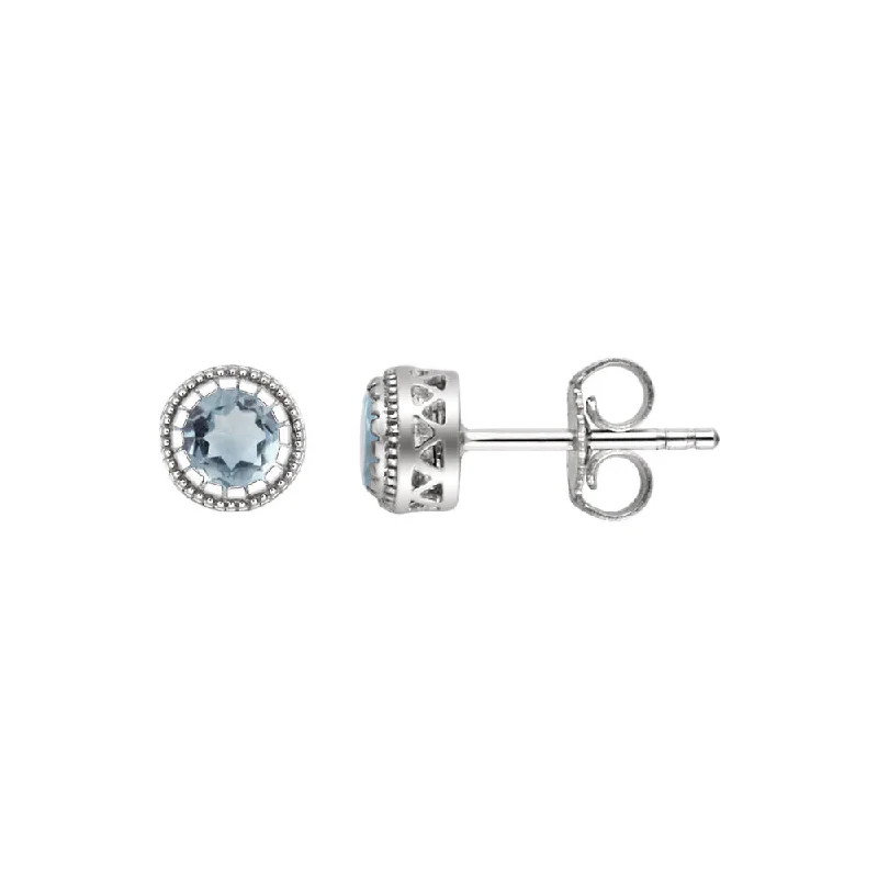 Ladies earrings engraved details-Aquamarine March Birthstone 8mm Stud Earrings in 14k White Gold