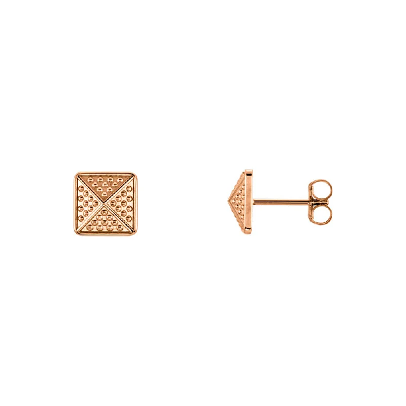 Ladies earrings proposal surprises-8mm Textured Square Pyramid Stud Earrings in 14k Rose Gold