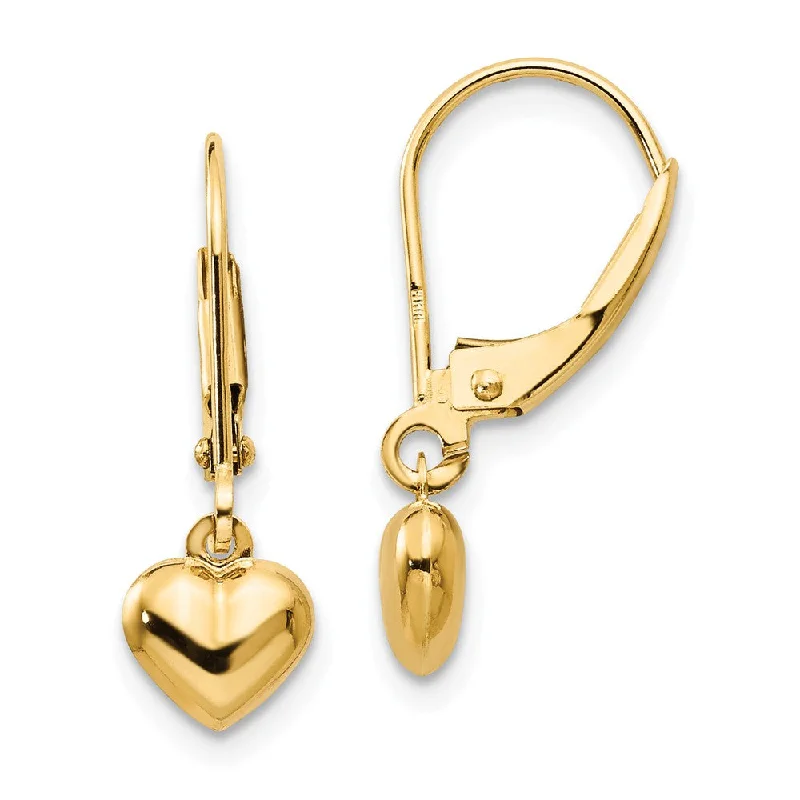 Ladies earrings sterling silver-Kids 5mm Puffed Heart Lever Back Earrings in 14k Yellow Gold