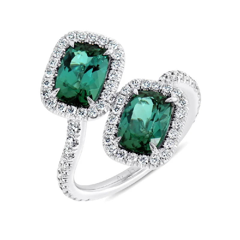 Ladies engagement rings care tips-Uneek Precious Collection Bypass Cushion Cut Green Tourmaline Engagement Ring