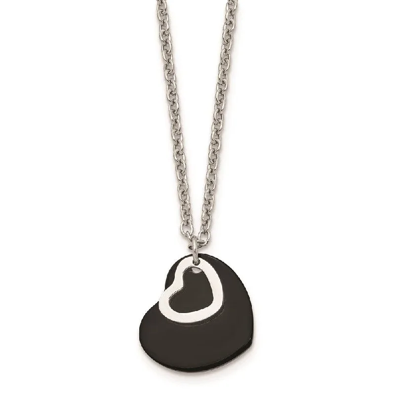 Ladies necklaces designer brands-Stainless Steel Polished & Black IP-plated Heart Necklace