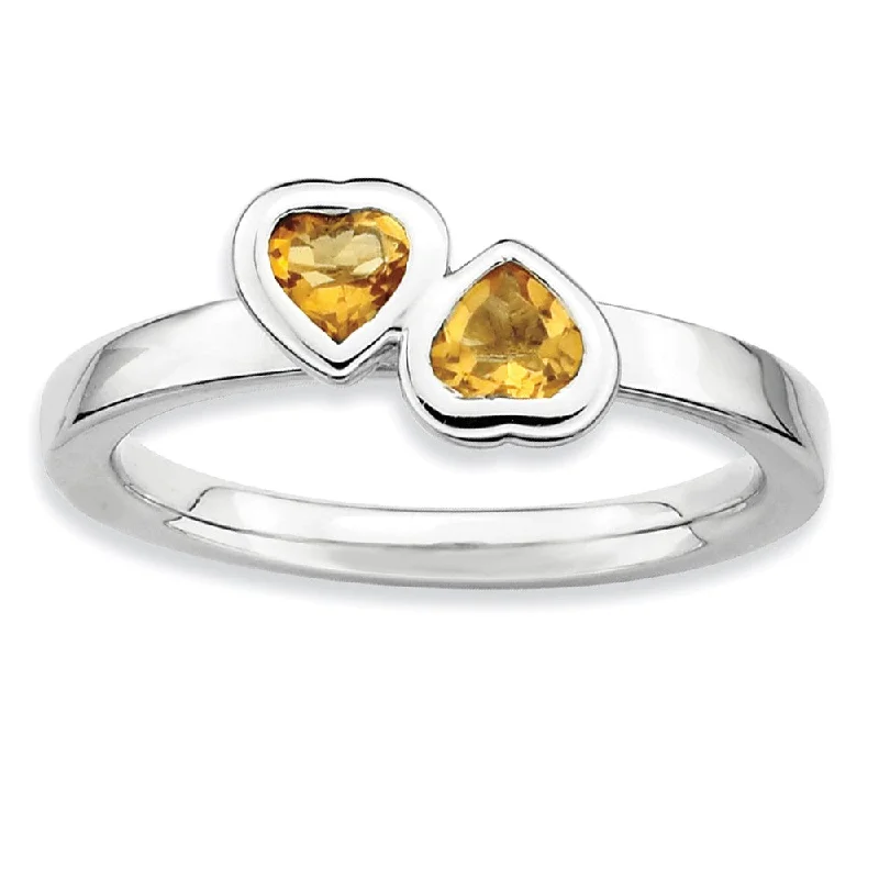 Ladies ring store finds-Sterling Silver Stackable Double Heart Citrine Ring