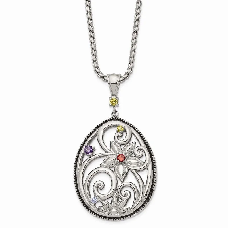 Ladies necklaces lightweight feel-Stainless Steel Polished/Antiqued Multicolor CZ w/1.75in ext. Necklace