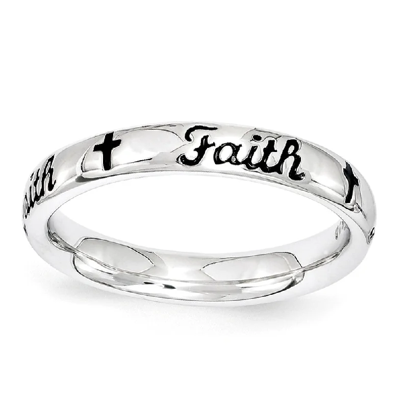 Ladies ring synthetic jewels-3.5mm Sterling Silver Stackable Black Enamel Faith Script Band