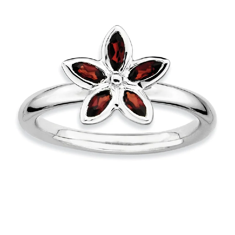 Ladies ring luxury brands-Sterling Silver Stackable Marquise Garnet Flower Ring