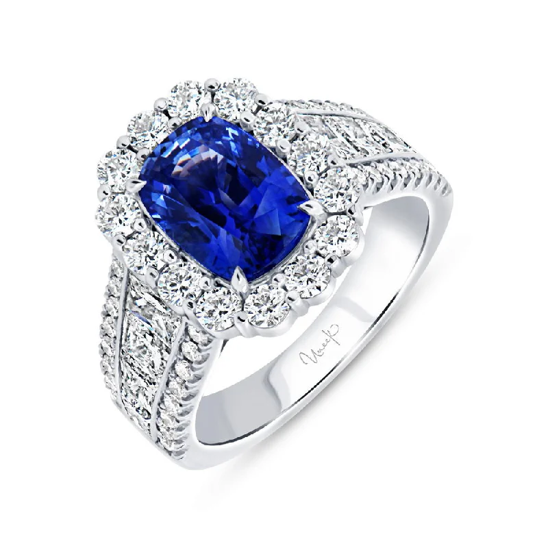 Ladies engagement rings colored stones-Uneek Precious Collection Halo Cushion Cut Blue Sapphire Engagement Ring