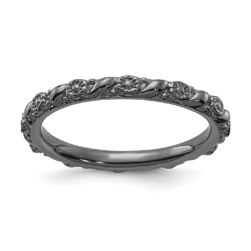 Ladies ring minimalist styles-2mm Sterling Silver Black Ruthenium Plated Stackable Flower Band