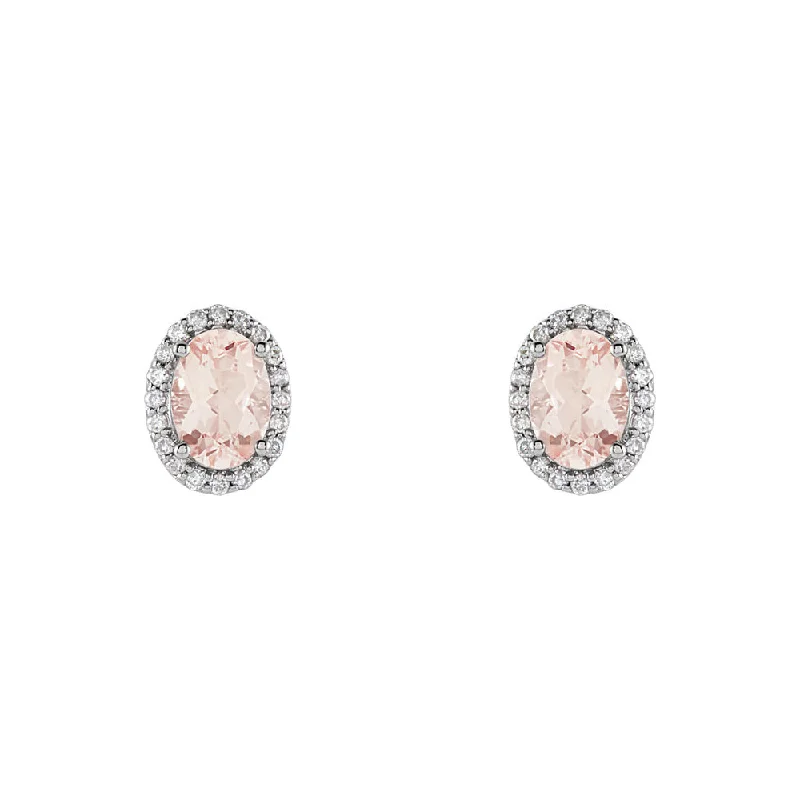 Ladies earrings colorful gems-Oval Morganite & Diamond Halo Stud Earrings in 14k White Gold