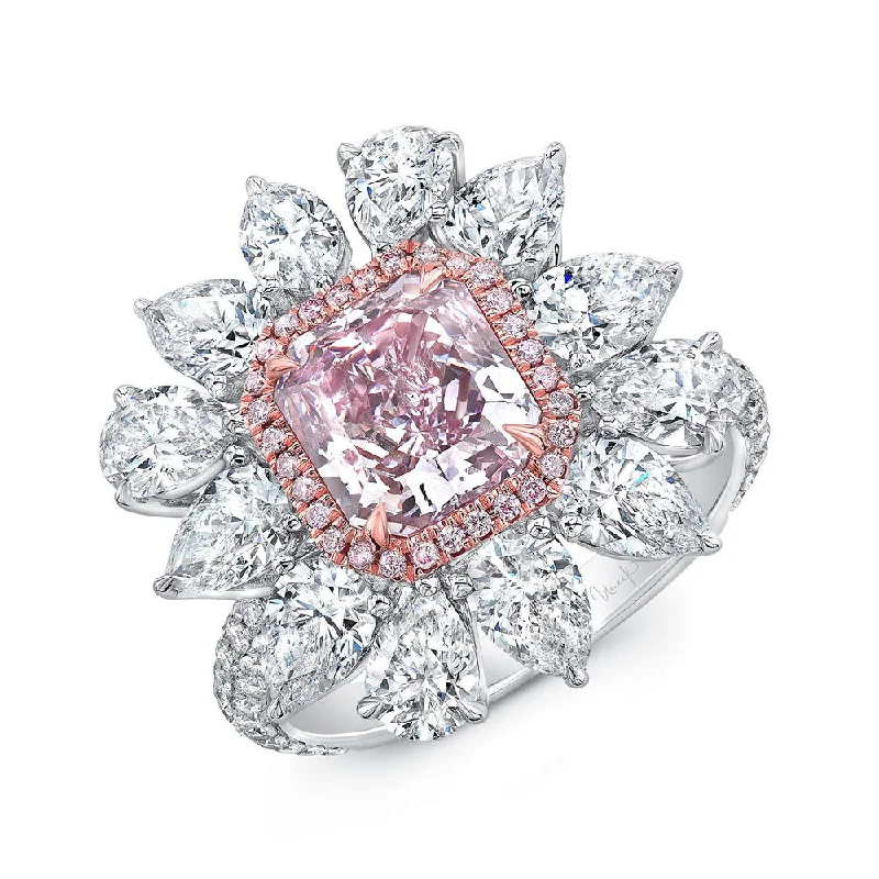 Ladies engagement rings ruby gems-Uneek Radiant Cut Pink Purple Diamond Engagement Ring GIA Certified in a Flower Design with Pear Shaped Diamonds, Pink and White Round Diamonds Side Stones