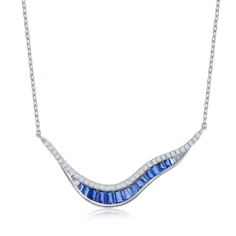 Ladies necklaces modern flair-Sterling Silver 'V' Baguette Sapphire Cubic Zirconia Necklace