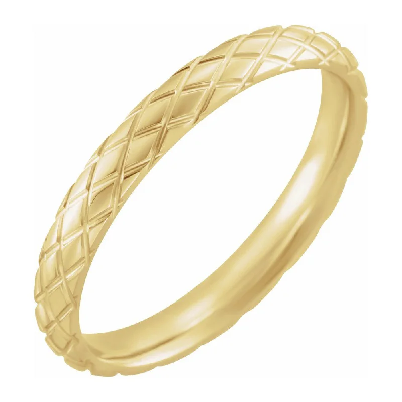 Ladies ring engraved names-3mm 14K Yellow Gold Crisscross Patterned Comfort Fit Band