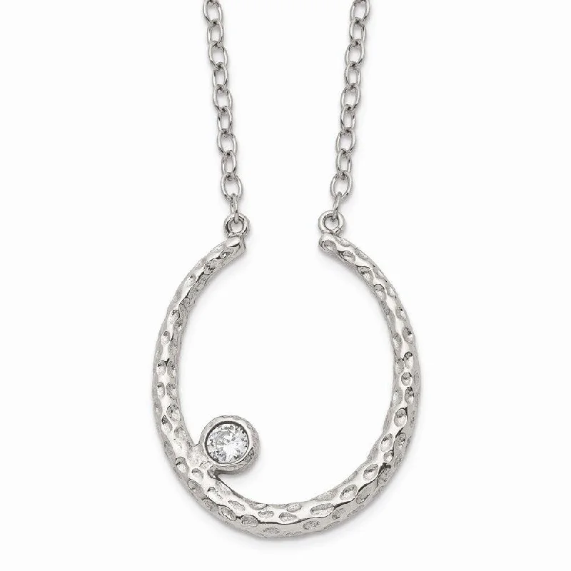 Ladies necklaces collectible items-Stainless Steel Polished and Textured CZ w/2in ext. Necklace