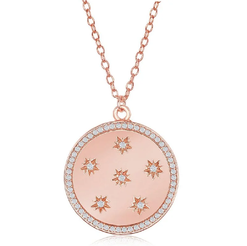 Ladies necklaces white gold-Sterling Silver Shiny Disc with CZ Stars and CZ Border Necklace