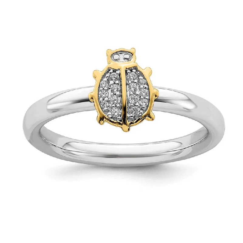 Ladies ring top brands-Sterling Silver & 14k Gold Plated Diamond Ladybug Stack Ring