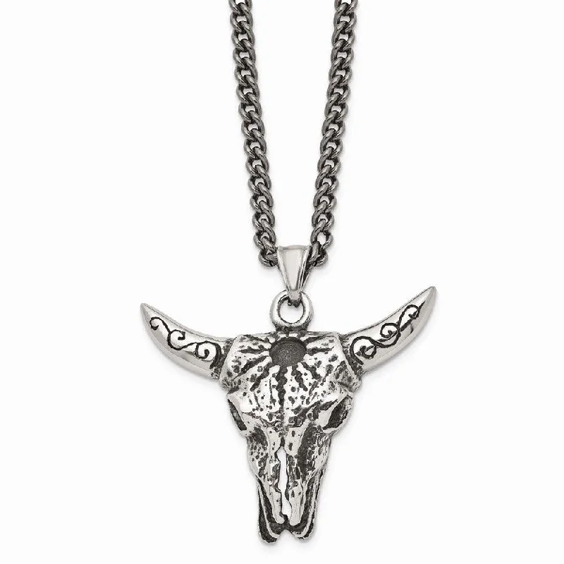 Ladies necklaces luxurious designs-Stainless Steel Polished and Antiqued Animal Skull Necklace