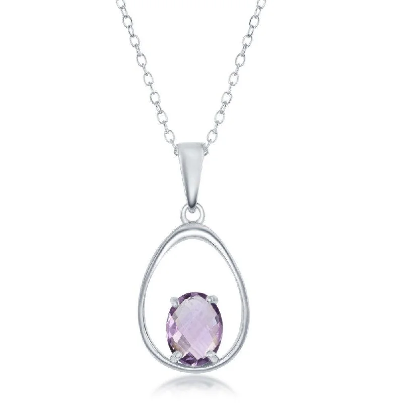 Ladies necklaces Valentine’s Day-Sterling Silver Oval Amethyst Open Pear Shaped Necklace